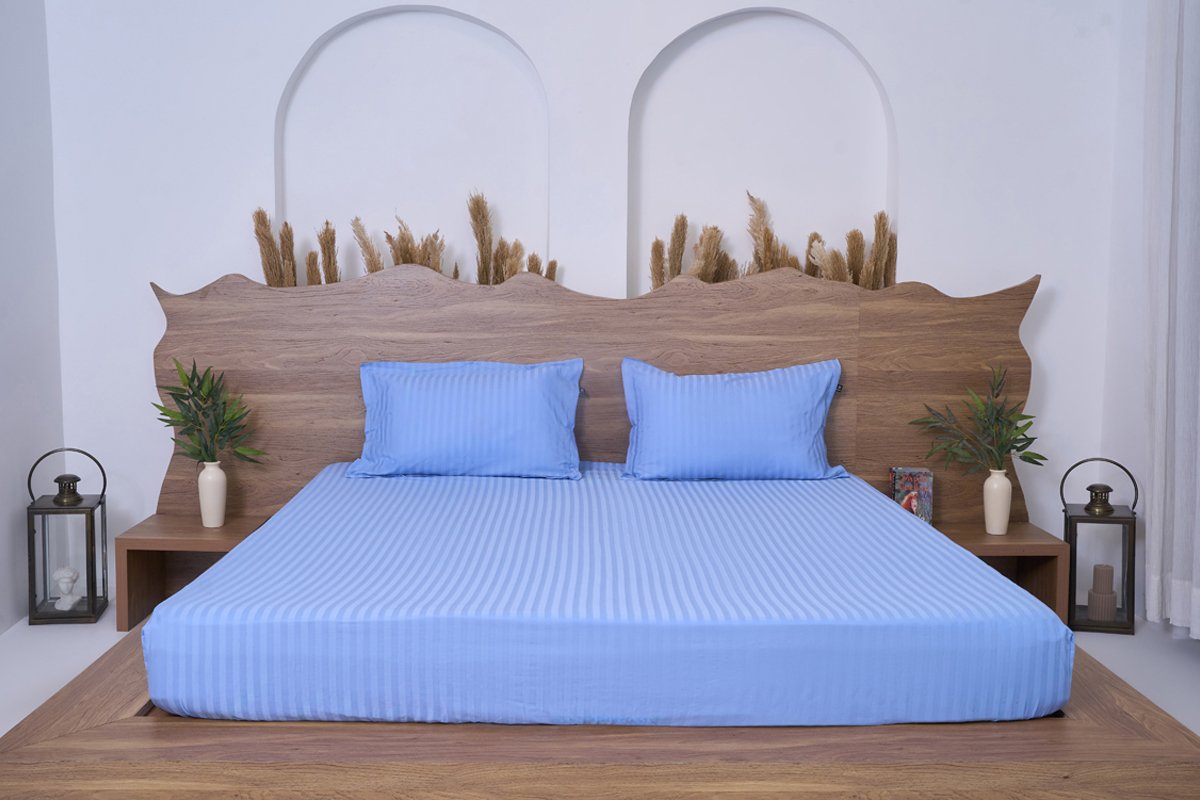 Premium Cotton Striped Fitted Bed Sheet 300 TC Bel Air blue