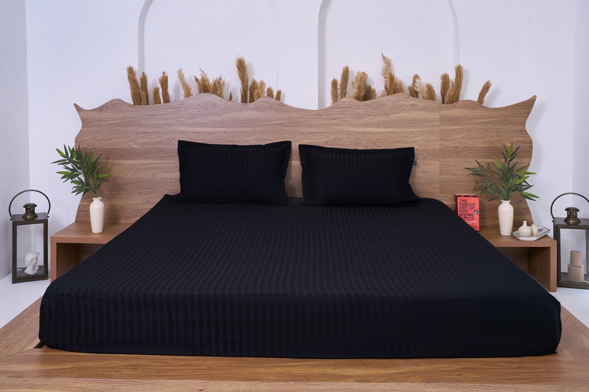 Premium Cotton Striped Fitted Bed Sheet 300 TC Black Onyx