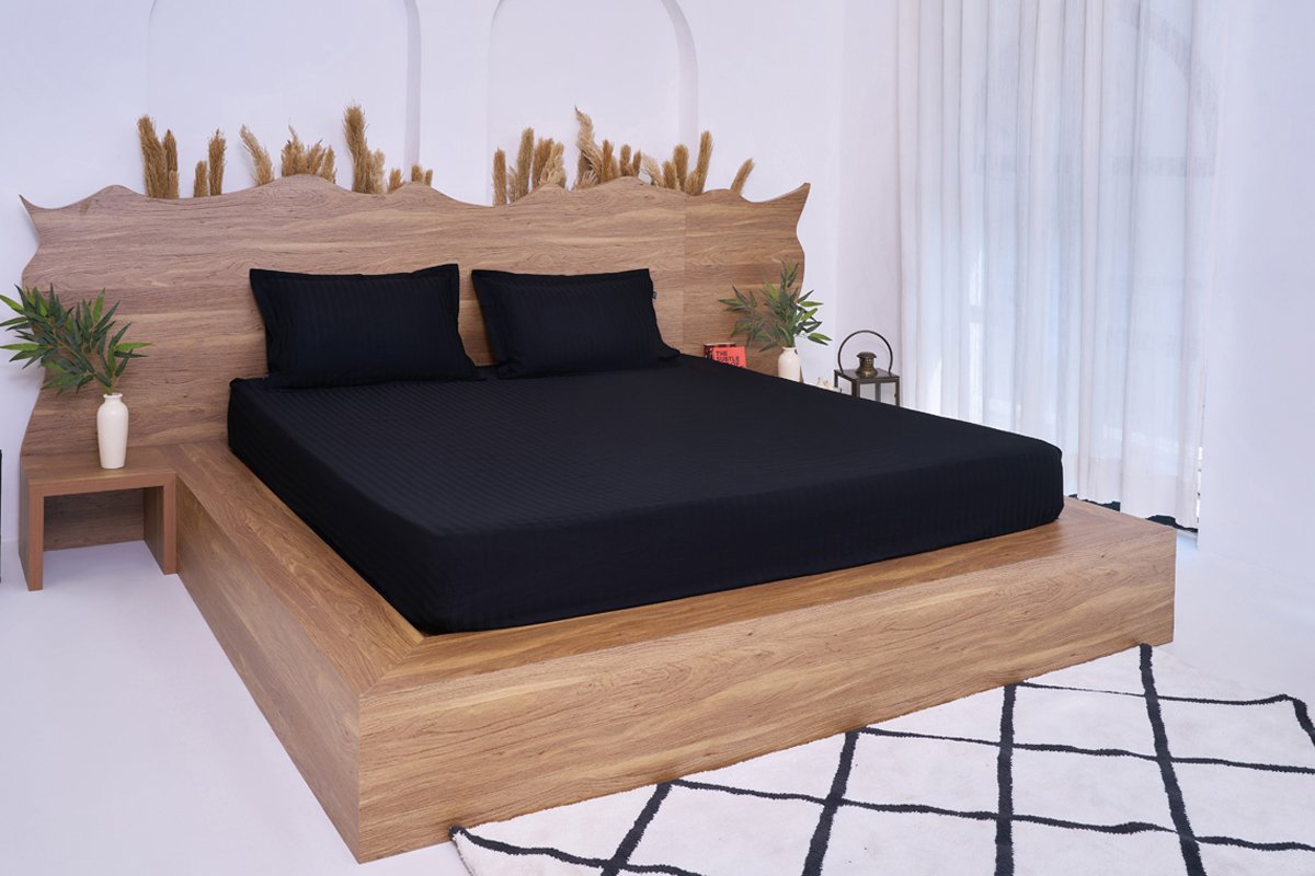 Premium Cotton Striped Fitted Bed Sheet 300 TC Black Onyx