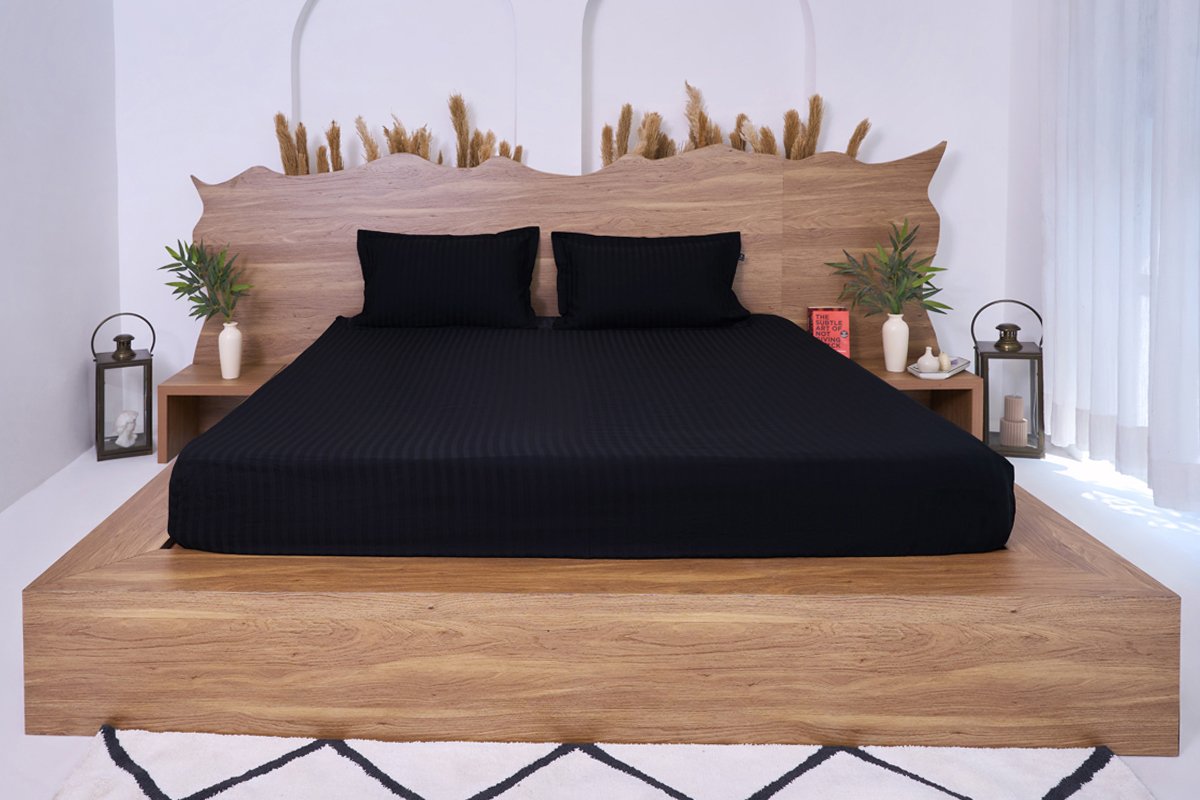 Premium Cotton Striped Fitted Bed Sheet 300 TC Black Onyx