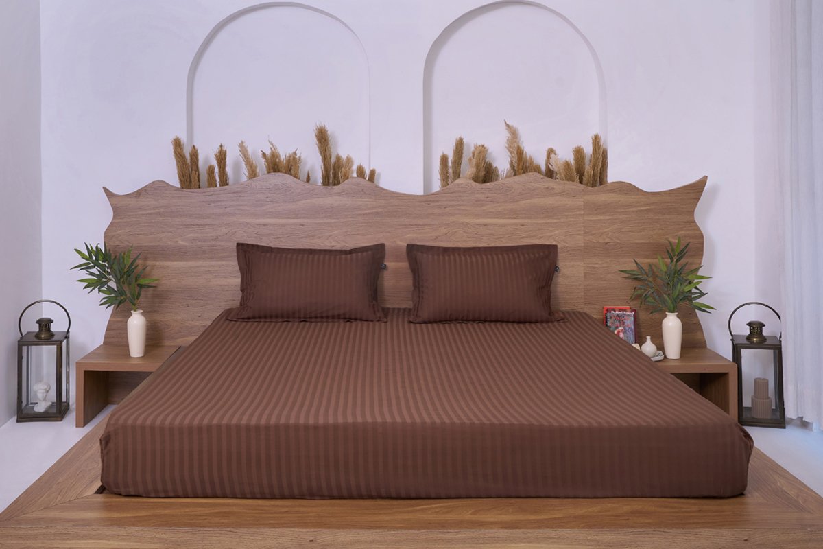 Premium Cotton Striped Fitted Bed Sheet 300 TC Cocoa Brown