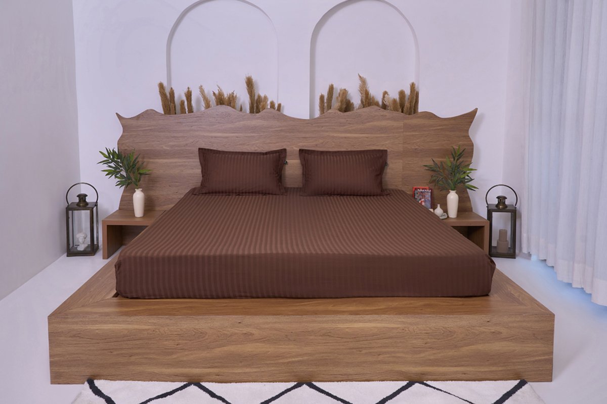 Premium Cotton Striped Fitted Bed Sheet 300 TC Cocoa Brown