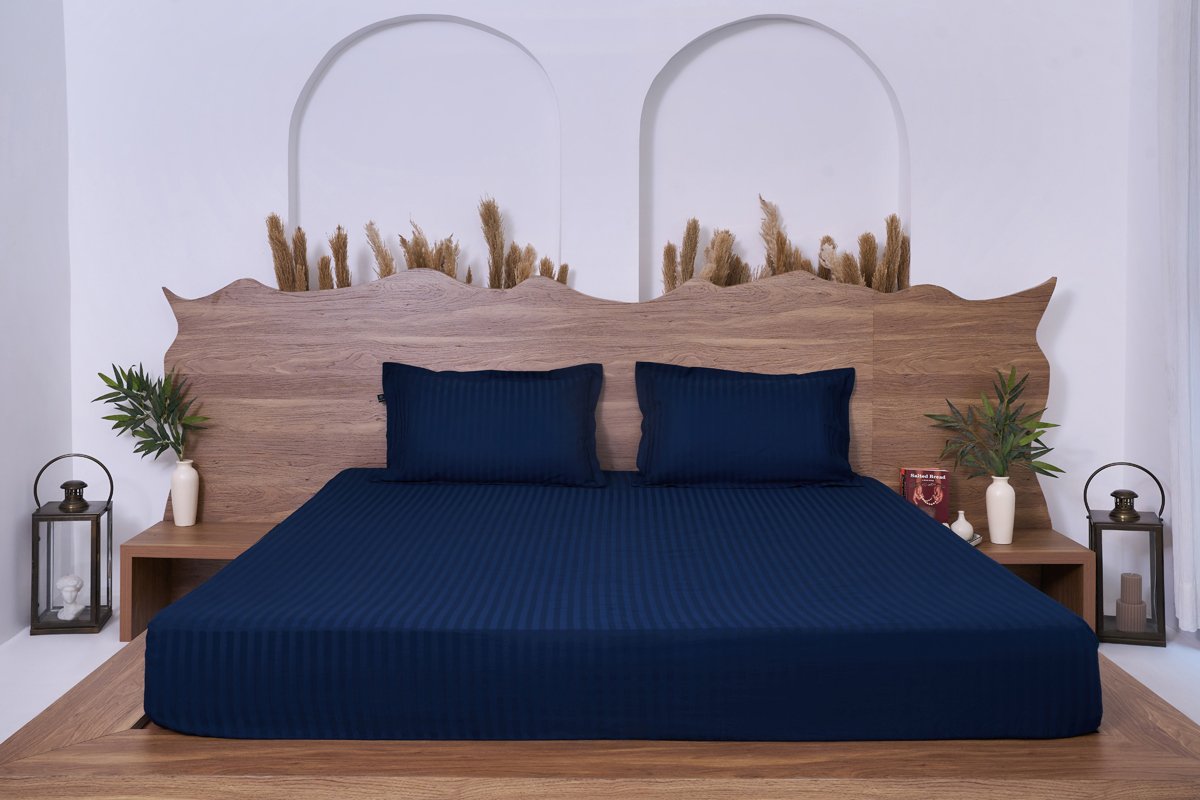 Premium Cotton Striped Fitted Bed Sheet 300 TC Midnight Navy