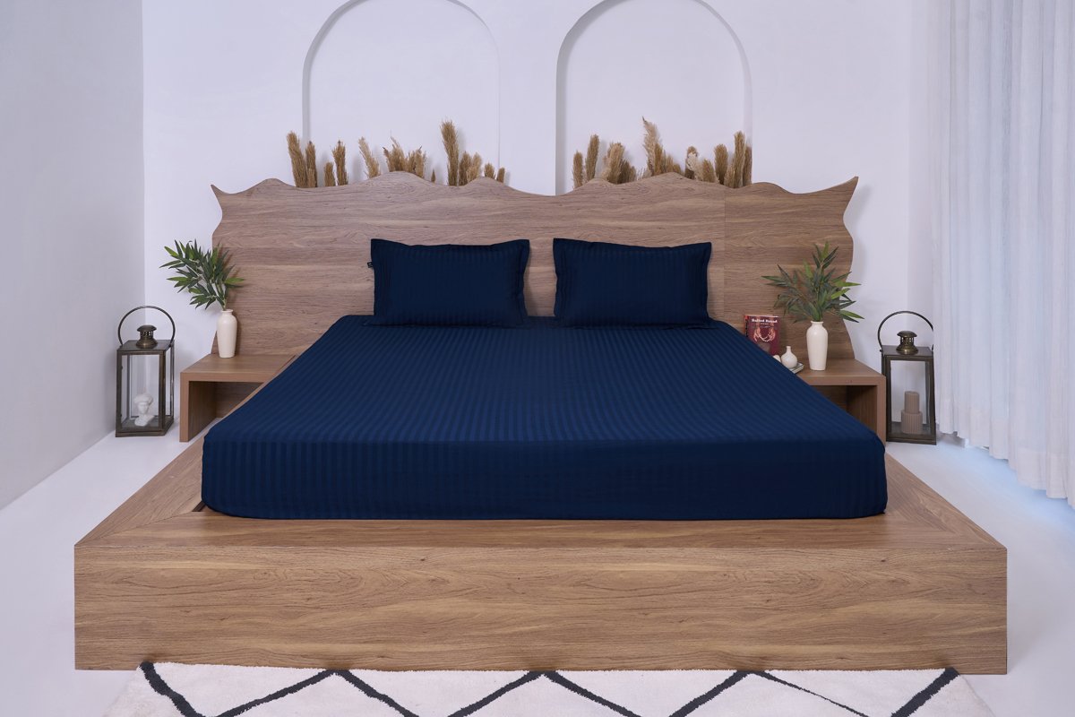 Premium Cotton Striped Fitted Bed Sheet 300 TC Midnight Navy