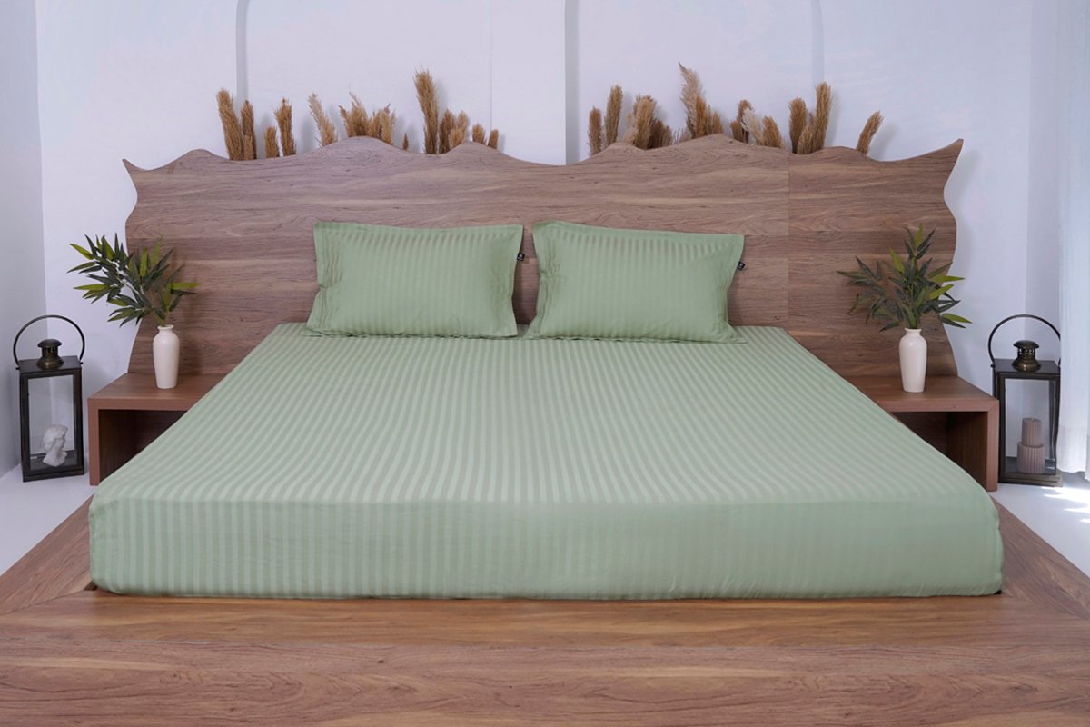 Premium Cotton Striped Fitted Bed Sheet 300 TC Minted Meadows