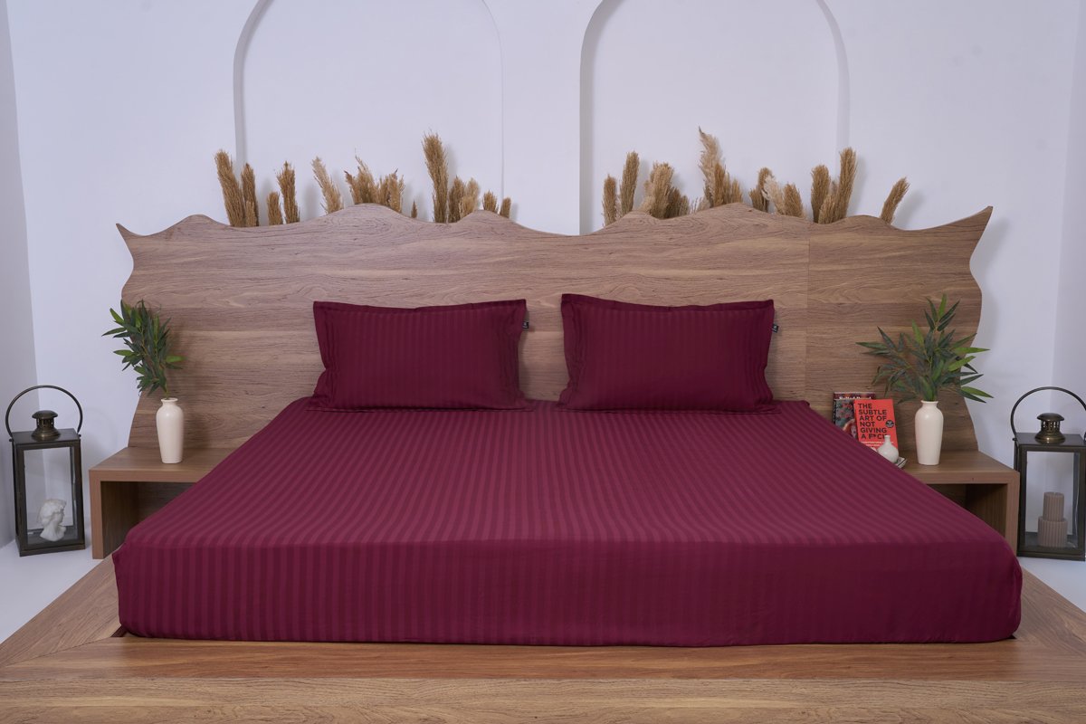 Premium Cotton Striped Fitted Bed Sheet 300 TC Mulberry Red