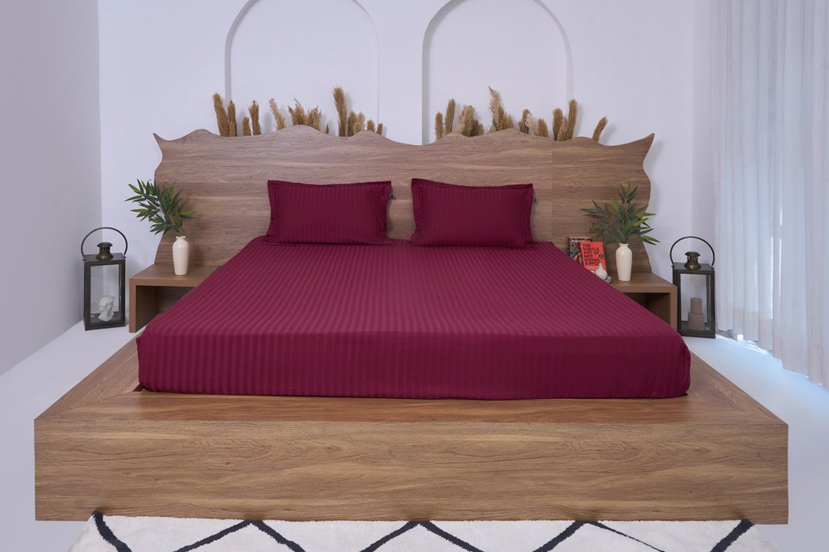 Premium Cotton Striped Fitted Bed Sheet 300 TC Mulberry Red