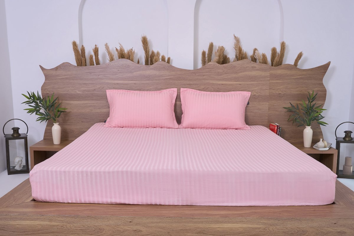 Premium Cotton Striped Fitted Bed Sheet 300 TC Quartz pink