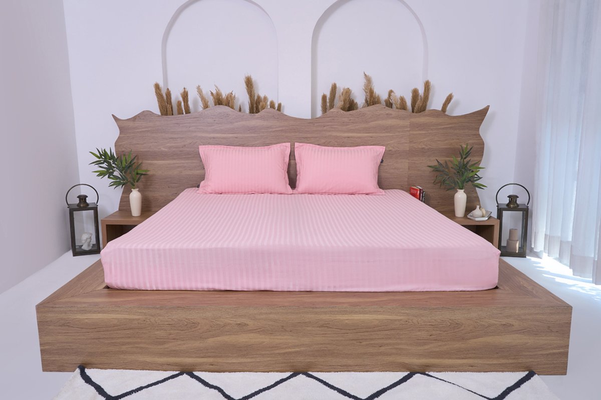 Premium Cotton Striped Fitted Bed Sheet 300 TC Quartz pink