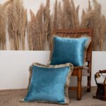 Aqua Fringed Velvet Cushion Cover (Set Of 2)