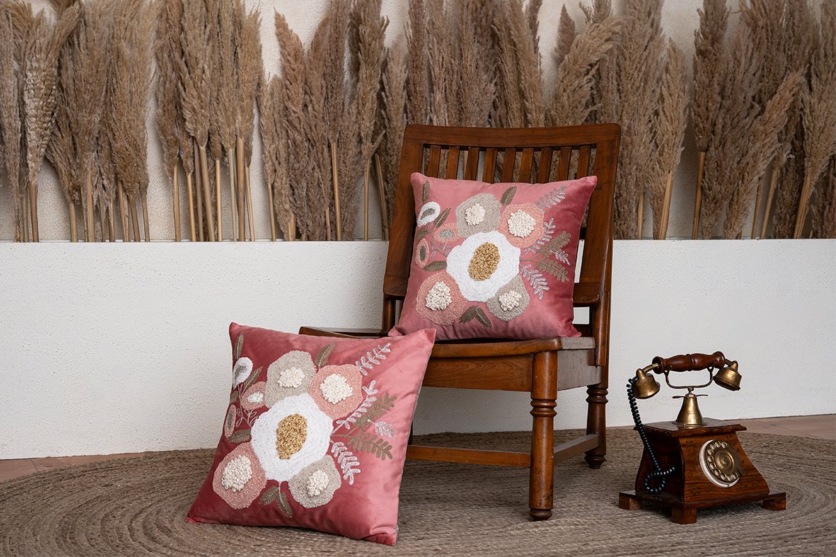 Blush Blooming Euphoria Tufted Hand Embroidered Cushion Cover