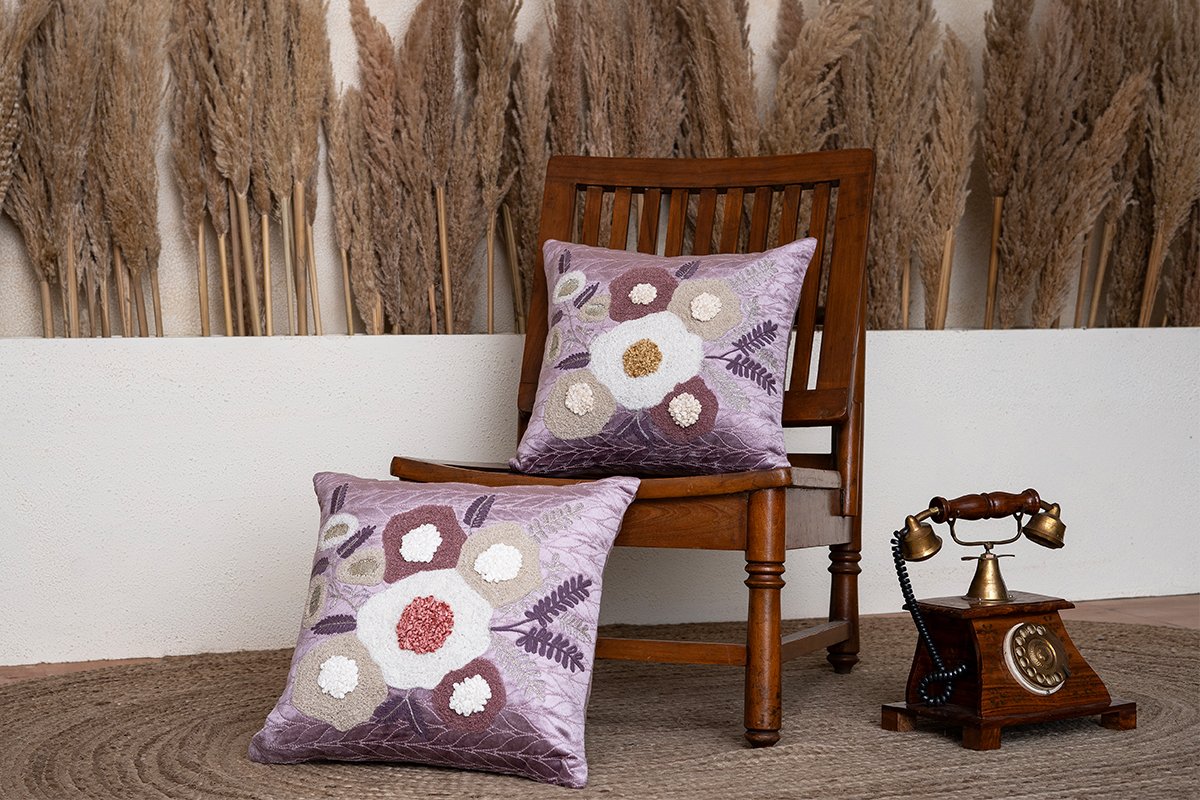 Lilac Blooming Euphoria Tufted Hand Embroidered Cushion Cover