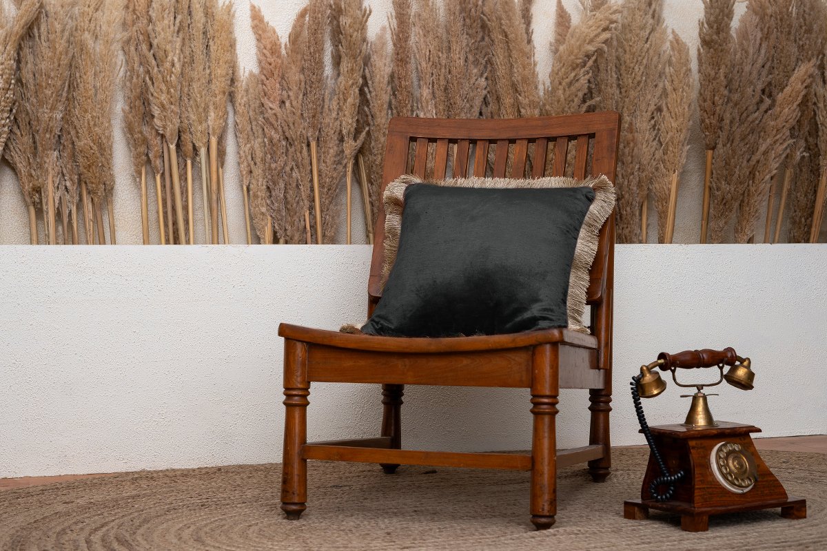 Black Fringed Velvet Cushion Cover