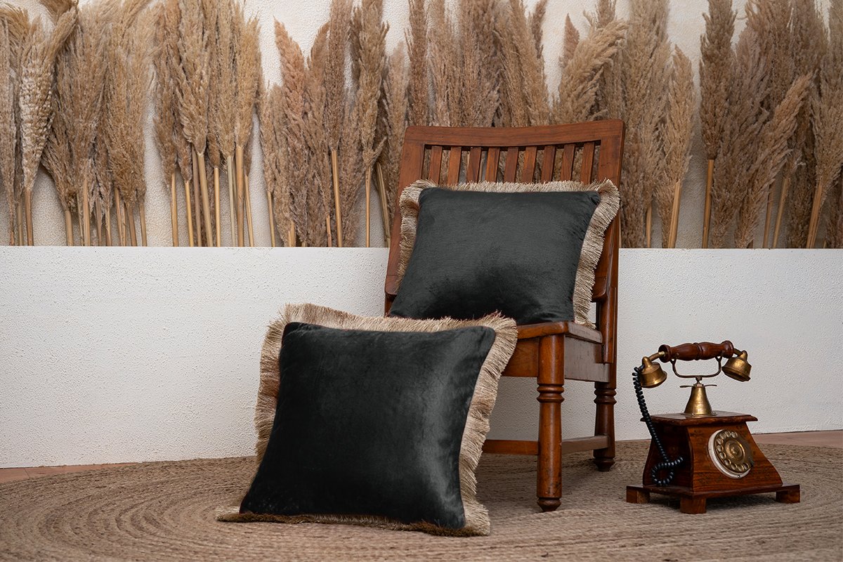 Black Fringed Velvet Cushion Cover